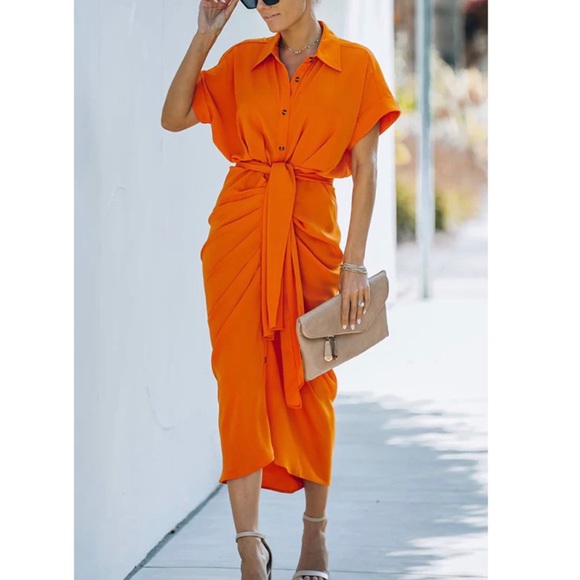 Tie Front Botton Down Midi Shirt Dress - Picture 4 of 4